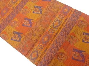 変わり横段に花唐草・向かい鳥・荒磯模様織出し開き名古屋帯（額縁仕立て）